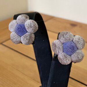 Indigenous Hand Crafted Moose Hair Tufted Gray and Purple Pom Flower Earrings